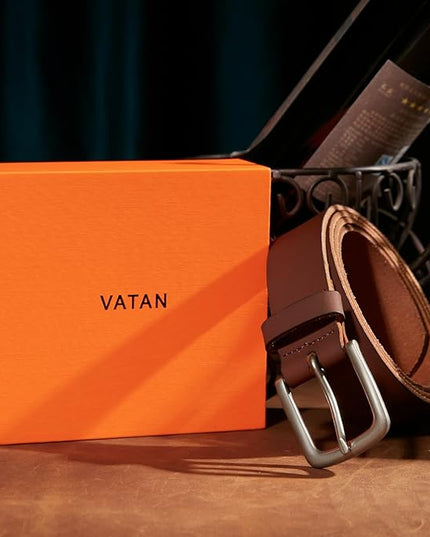VATAN Men's Genuine Leather Casual Every Day Jeans Belts, Handmade Men Leather Belt with Gift Box