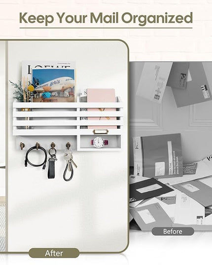 FifthQuarter Key Holder for Wall: Easy Mounted Key Rack and Mail Organizer with Store Shelf and Four Sturdy Keys Hooks Decor in Kitchen|Farmhouse|Entryway|Mudroom (White)