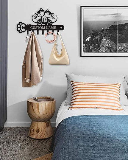 Cat Key Holder with Custom Name & Hooks - Personalized Metal Key Rack Wall Mount Art Decor for Bedroom Doorway Office