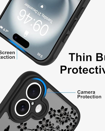 Cute Case for iPhone 16 Case with Stand [ Compatible with MagSafe ] Kawaii Black Cat & Floral & Butterflies Pattern Design 360 Magnetic Ring Kickstand Phone Cover for Women Girls Boys