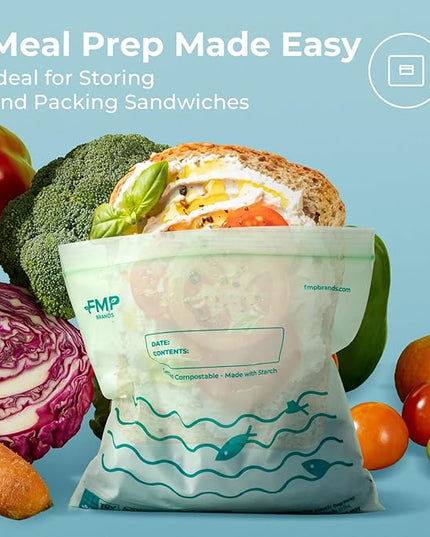 Fit Meal Prep 50 Pack 100% Compostable Sandwich Bags, 6.5 x 6.7" Resealable Food Storage Freezer Bags, Eco Friendly Snack Bags for Travel, ASTM D6400, US BPI & EU OK Compost Certified