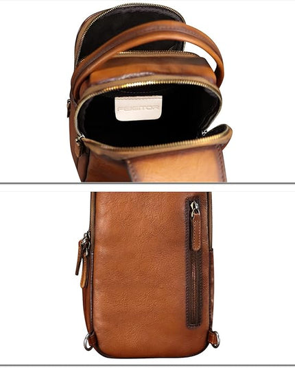 Genuine Leather Sling Bag Retro Crossbody Backpack Handmade Chest Shoulder Hiking Daypack Fanny Purse