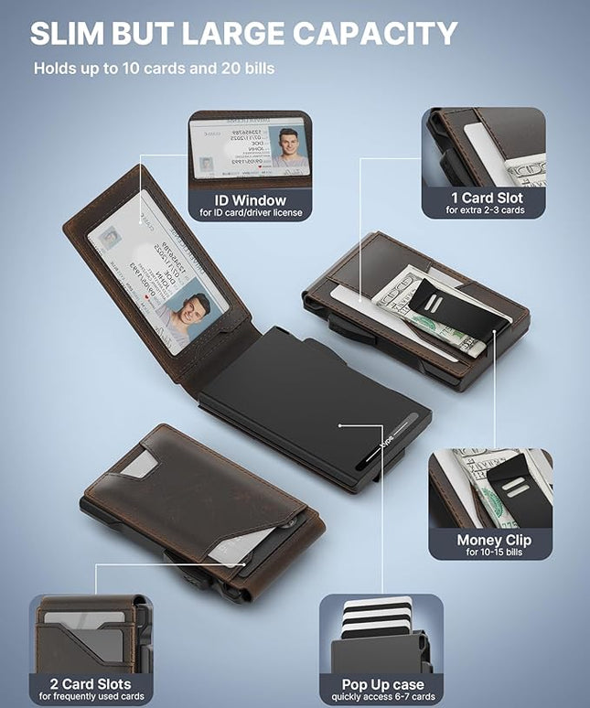 typecase Tactical Wallet for Men Card Holder: Pop Up Card Case, Full Grain Leather, Smart, RFID Blocking, Slim, Minimalist, Thin, Front Pocket - 10 Card Slots, ID Window, Money Clip (Burnished Black)