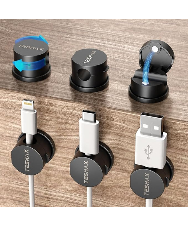 Magnetic Cord Holder 360°Rotation Cord Organizer, 6Pack Cable Clips [1s Lock] Adhesive Cable Management Desk Organizers and Accessories, Phone Charging Wire Holder for Nightstand,Car,Home Office
