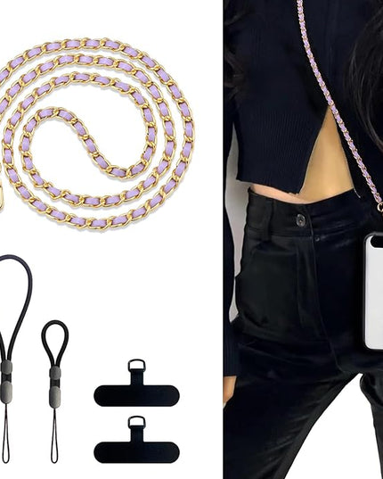 BFSD·DM Phone crossbody strap, 2× Pads,1× Leather Phone Strap,1× Phone Wrist Strap,1× Adjustable Finger Strap,Universal Crossbody Patch Phone Lanyards,Compatible with Most Smartphones(purple-48in)