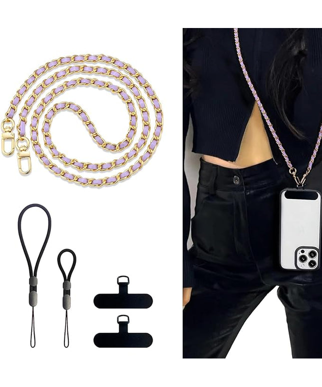 BFSD·DM Phone crossbody strap, 2× Pads,1× Leather Phone Strap,1× Phone Wrist Strap,1× Adjustable Finger Strap,Universal Crossbody Patch Phone Lanyards,Compatible with Most Smartphones(purple-48in)