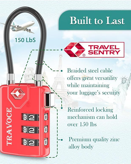 TSA Approved Luggage Locks, Travel Locks Which Also Work Great as Gym Locks, Toolbox Lock, Backpack and More 1,2,4,6 &10 pk (4 Colors)