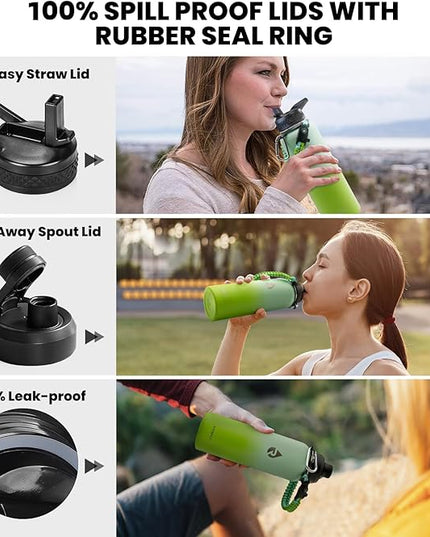 Insulated Water Bottle 40 oz, Triple Wall Vacuum Stainless Steel (Cold for 48 Hrs), Leak Proof & Non-BPA, Modern Water Flask Jug with Paracord Handle & Straw Spout Lids, Ombre Green
