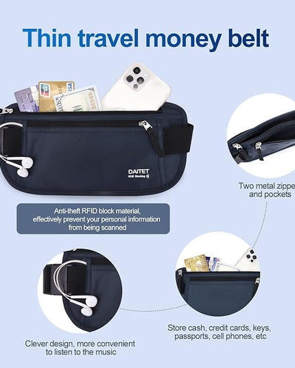 RFID Blocking Money Belt for Men Women, Slim Fanny Pack for Travel，Running,Conceal Waist Wallet for Passport Holder,Phone,Cash(Black Dark Blue)