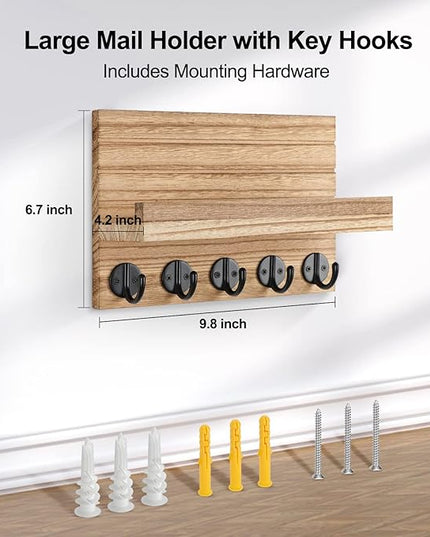 Lwenki Key Holder for Wall, Decorative Key and Mail Holder with Shelf Has Large Key Hooks for Bags, Coats – Paulownia Wood Key Hanger with Mounting Hardware (9.8”W x 6.7”H x 4.2”D) (Burnt Wood)