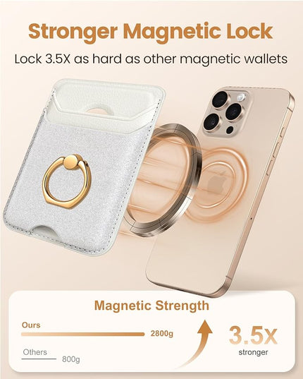 Shorogyt Compatible with Magsafe Wallet Magnetic Card Holder - Phone Wallets with Ring Grip Stand Cute Fashion for iPhone 17/16/15/14/13/12 Series for Women Girls Glitter White Design, Fit 3 Cards