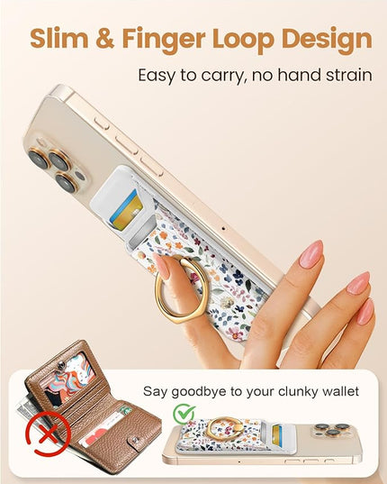 Shorogyt Compatible with Magsafe Wallet Magnetic Card Holder - Phone Wallets with Ring Grip Stand Cute Fashion for iPhone 17/16/15/14/13/12 Series for Women Girls Wild Flower Design, Fit 3 Cards
