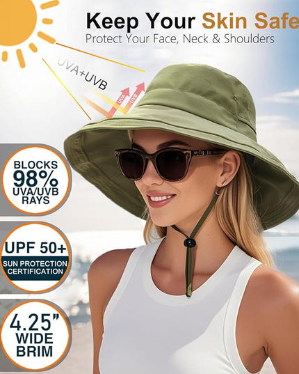 Sun Hats for Women, Wide Brim Waterproof Bucket Hat, Summer Beach Packable Ponytail Hat,UPF 50+ UV Protection