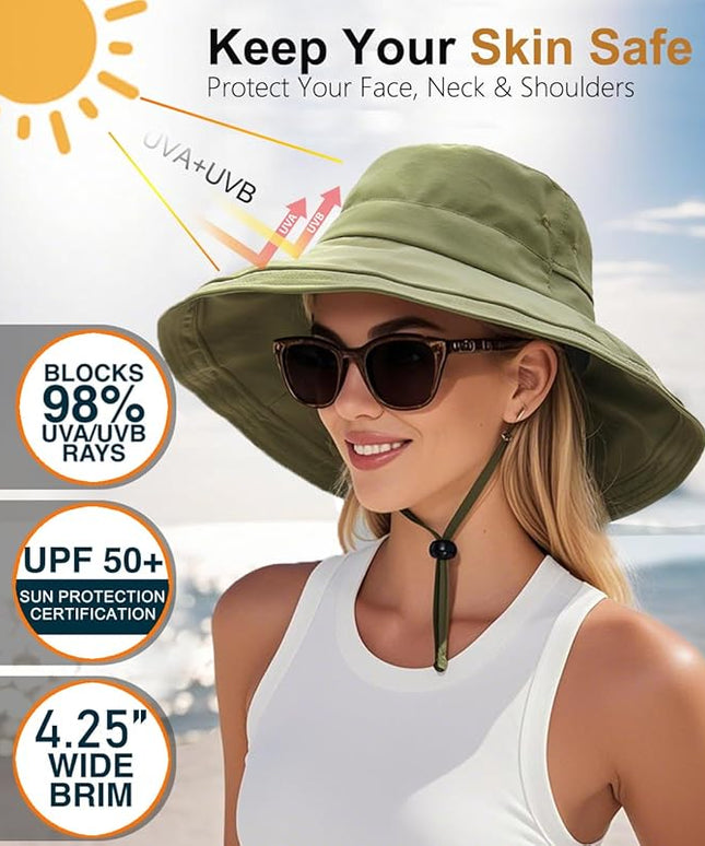 Sun Hats for Women, Wide Brim Waterproof Bucket Hat, Summer Beach Packable Ponytail Hat,UPF 50+ UV Protection