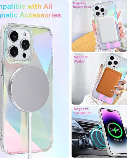 Cute Case for iPhone 14 Pro Case for Women Girls [ Compatible with Magsafe ] Clear Glitter Girly Aesthetic Rainbow Sparkly Bling Magnetic Phone Cover, Iridescent Geometry
