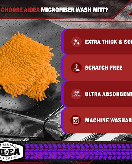 AIDEA Car Wash Mitt Microfiber, 1PK Scratch Free Lint-Free, Premium Chenille Microfiber Mitt Car Wash Brush, Orange, Regular Size 7.12''X10.14''