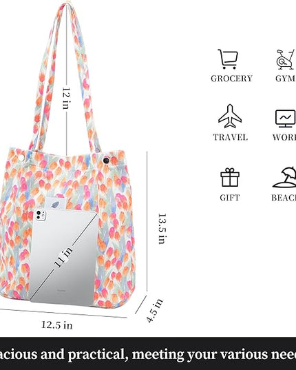 Corduroy Tote Bag Cute Tote Bags for Women Shoulder Bag with Inner Pocket for Work Beach Travel and Shopping Grocery