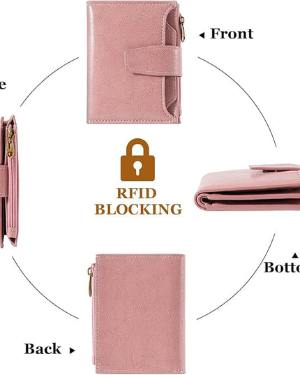 Airkit Small Wallet Women RFID Blocking Soft Leather Bifold Compact Card Holder Wallet for Women with Zipper Coin Pocket 4 ID Window