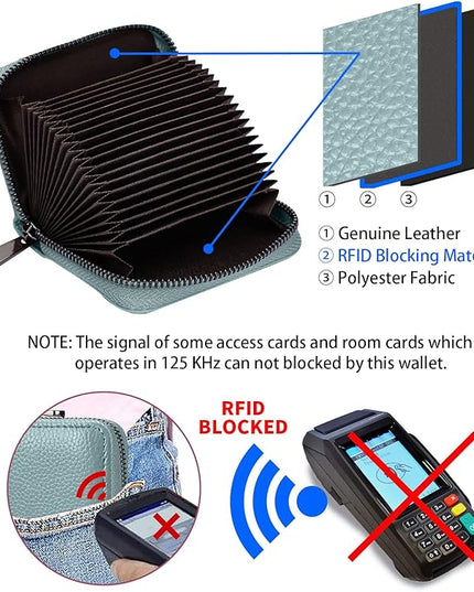 Linno RFID 20 Slots Credit Card Holder Genuine Leather Small Wallet for Women or Men with Zipper
