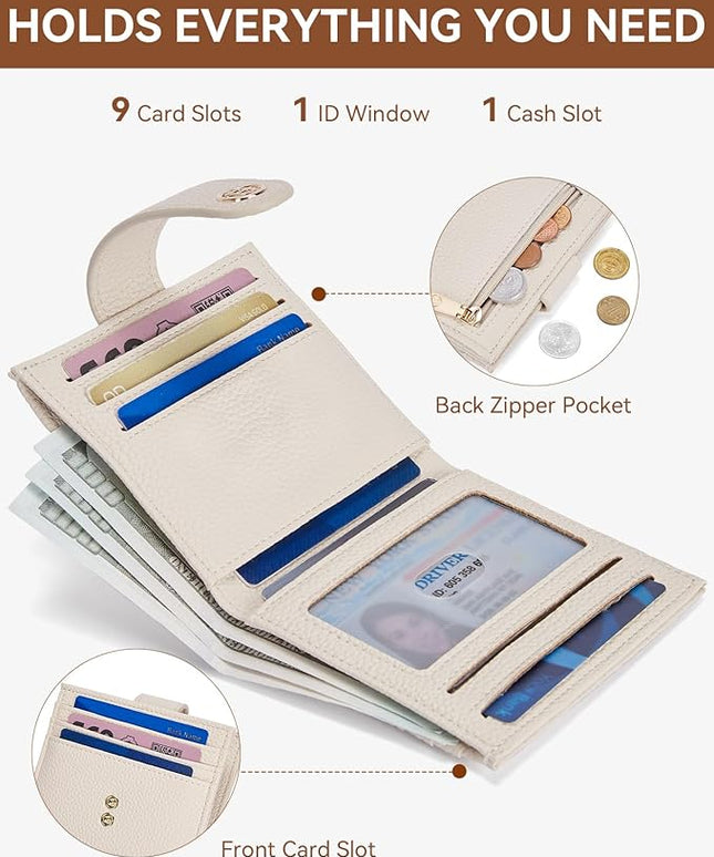 BOSTANTEN Slim Wallet for Women Small RFID Blocking Credit Card Holder Leather Bifold Wallets with Zipper Coin Pocket Beige