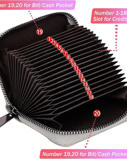 Linno RFID 20 Slots Credit Card Holder Genuine Leather Small Wallet for Women or Men with Zipper