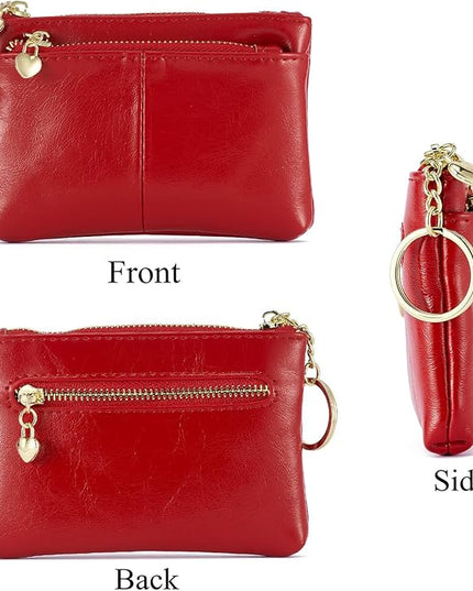 ZOOEASS Women PU Leather Zip Mini Coin Purse With Key Ring Triple Zipper Card Holder Wallet(Red)