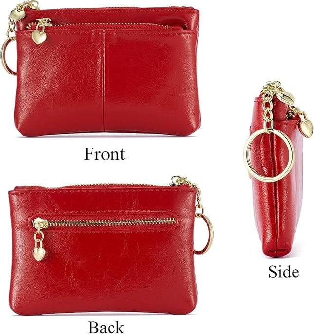 ZOOEASS Women PU Leather Zip Mini Coin Purse With Key Ring Triple Zipper Card Holder Wallet(Red)