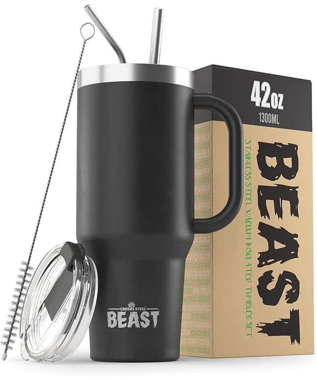 Beast 42 oz Tumbler with Handle Stainless Steel Vacuum Insulated Coffee Ice Cup Double Wall Travel Flask (Matte Black)