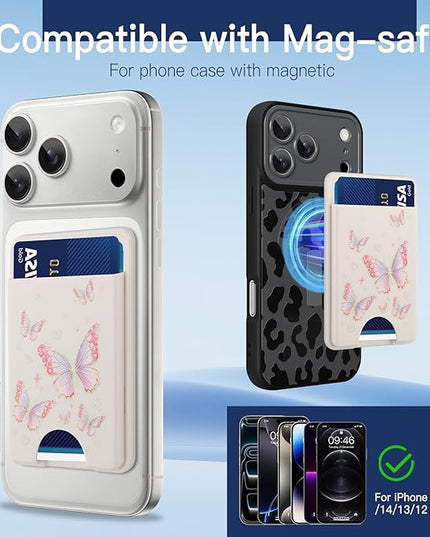 Stronger Magnetic Card Slot Wallet for iPhone 17/16/15/14/13/12 Series (Not for 13/12 Mini), Butterfly Pattern Hard Card Holder Fit 3 Cards Compatible with Magsafe Accessories, White