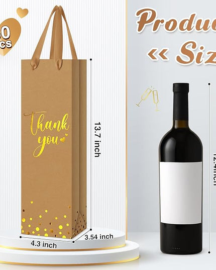Ctosree 30 Pcs Wine Bottle Gift Bag with Handle 4.3x3.5x13.7 Liquor Paper Bag for Thank You Favor Gold Foil Kraft Whiskey Tote Carrier for Wedding Birthday Bridal Valentine's day Party(Brown)