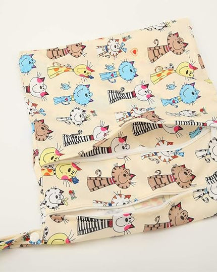Medium Wet Dry Bag Baby Cloth Diaper Nappy Insert Bag Reusable Washable With Two Zippered Pockets (Cats)