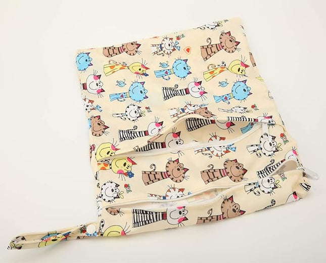 Medium Wet Dry Bag Baby Cloth Diaper Nappy Insert Bag Reusable Washable With Two Zippered Pockets (Cats)