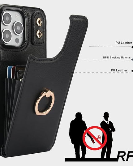 Folosu Compatible with iPhone 16 Pro Max Case Wallet with Card Holder, 360°Rotation Finger Ring Holder Kickstand, RFID Blocking Leather Protective Double Buttons Shockproof Cover 6.9 Inch Black