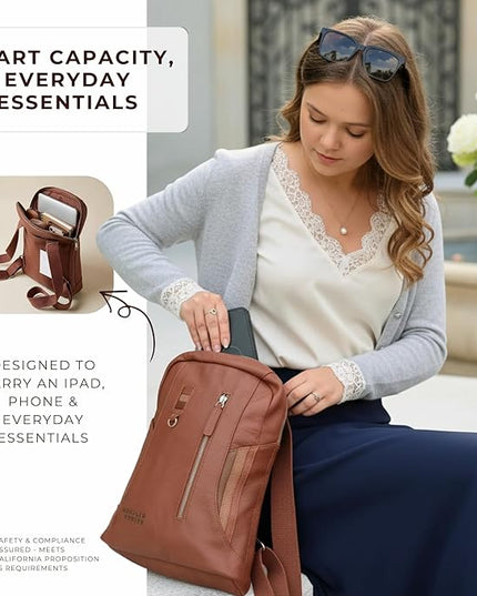 Full Grain Leather Backpack – Water-Resistant, Padded Laptop Compartment, Adjustable Straps, 16L Capacity, Slim Design, Leather Backpack for Men and Women - Amber Brown
