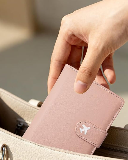 Passport Holder, Travel Wallet Cover with Pen Loop | Cute RFID Blocking Leather Case with Magnetic Closure for Travel Essentials-Pink