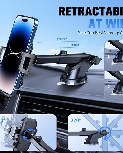 3 in 1 Car Phone Holder, Dashboard & Windshield & Vent Universal Car Mount Phone Holder for Your Car, Cell Phone Holder Truck for iPhone 17 16 15 Pro Max 25 Samsung, Matte Black