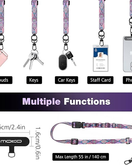 MoKo Boho Universal Phone Lanyard, Nylon Adjustable Cell Phone Crossbody Strap Detachable Women & Men Cellphone Lanyards Around the Neck with Patches for iPhone, Most Smartphones, Boho Colorful
