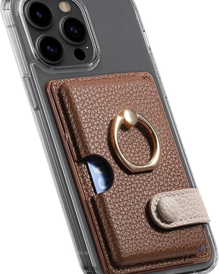 Wallet Stick on Phone Case, Credit Card Holder with Ring for Back of Phone Cases Flip Leather Wallet Sleeve Pouch Compatible with iPhone, Samsung Galaxy Android Most Smartphones Brown