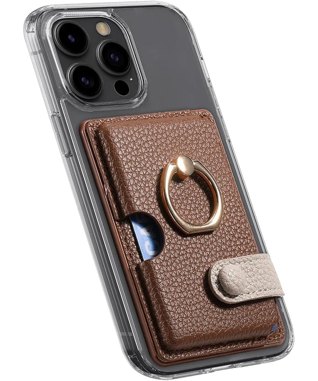 Wallet Stick on Phone Case, Credit Card Holder with Ring for Back of Phone Cases Flip Leather Wallet Sleeve Pouch Compatible with iPhone, Samsung Galaxy Android Most Smartphones Brown