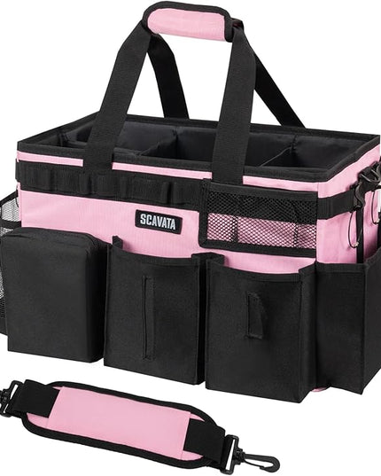 Wearable Cleaning Caddy Bag, Cleaning Caddy Supplies Organizer with Handle & Shoulder Straps for Housekeepers, Under Sink & Car Cleaning Tool Organizers with 4 Foldable Divider (SweetPink)