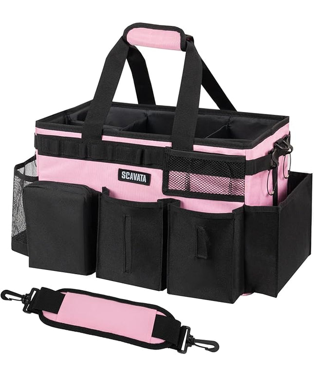 Wearable Cleaning Caddy Bag, Cleaning Caddy Supplies Organizer with Handle & Shoulder Straps for Housekeepers, Under Sink & Car Cleaning Tool Organizers with 4 Foldable Divider (SweetPink)