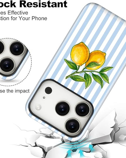 Magnetic for iPhone 17 Pro Max Case Cute Lemon Stripes Phone Case, Shockproof Slim TPU and Hard PC Protective Phone Cover Compatible with MagSafe Designed for Women Girls, Blue