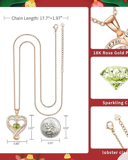 Infinity Love Heart Birthstone Necklace for Women Wife, S925 Sterling Silver Anniversary for Women Wife Birthday Gift for Her Girlfriend Mom Daughters, I Love You Women's Jewelry 18k Rose Gold Filled