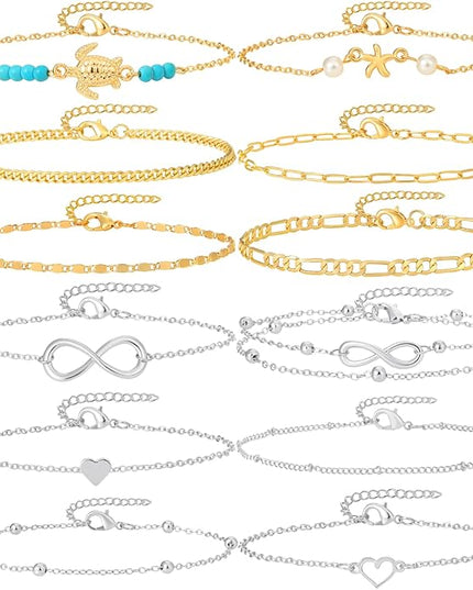 Starain 12Pcs Summer Beach Anklets for Women Waterproof Gold Silver Chain Ankle Bracelets Cute Women's Foot Anklet Set 7.9-10.5 inch Adjustable