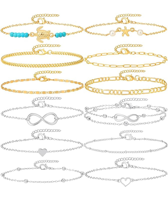 Starain 12Pcs Summer Beach Anklets for Women Waterproof Gold Silver Chain Ankle Bracelets Cute Women's Foot Anklet Set 7.9-10.5 inch Adjustable
