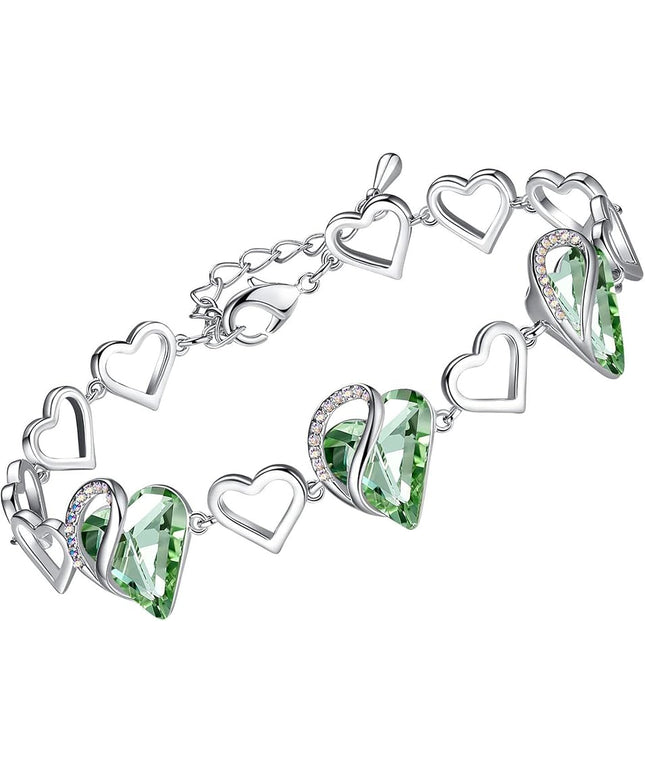 Leafael Infinity Love Heart Link Bracelets, Birthstone or Healing Stone Crystal Bracelet for Women, Silver Tone Jewelry Gifts for Her, 7-inch Chain and 2-inch Extender