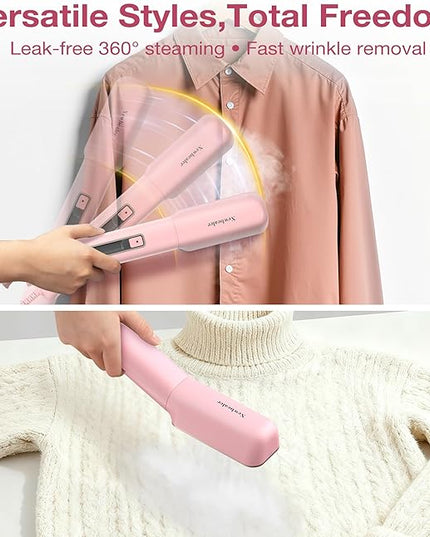 Newbealer 2in1 Travel Iron with Global Voltage, 100-240V Clothes Steamer, Dry Ironing & 2 Steam Levels, Non-Stick Ceramic Soleplate, Fabric Wrinkle Remover, Auto-off, Self Cleaning, No Clamp (Pink)