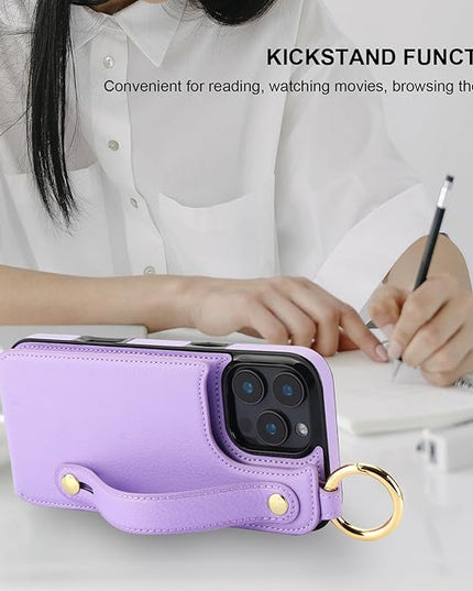 Folosu for iPhone 16 Pro Max Wallet Case with Card Holder, Hand Wrist Strap Loop Holder Kickstand, RFID Blocking Finger Grip Ring PU Leather Double Buttons Shockproof Cover 6.9" Purple