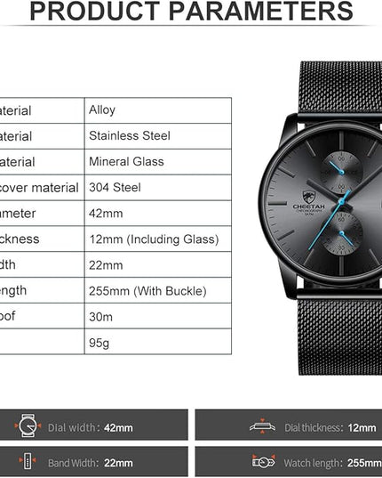 GOLDEN HOUR Mens Watch Fashion Sleek Minimalist Quartz Analog Mesh Stainless Steel Waterproof Chronograph Watches for Men with Auto Date