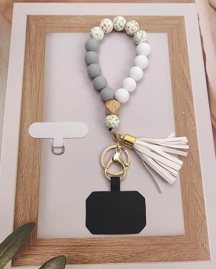 Phone Lanyard Silicone Beaded Phone Wrist Strap Cute Elastic Cell Phone Wristlet Chain Bracelet with 2 Tether Tab
